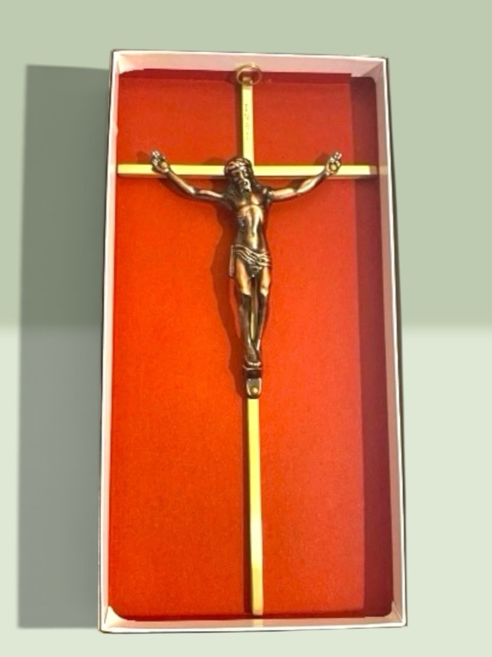 1970s Solid Bronze Cross Crucifix Wall Hanging INRI 10” New w/Box Vintage Brass